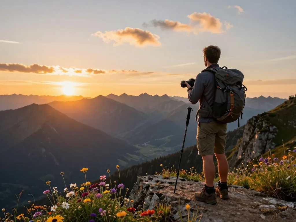 Traveler at mountain viewpoint enjoying the stunning Fly88 sunset.