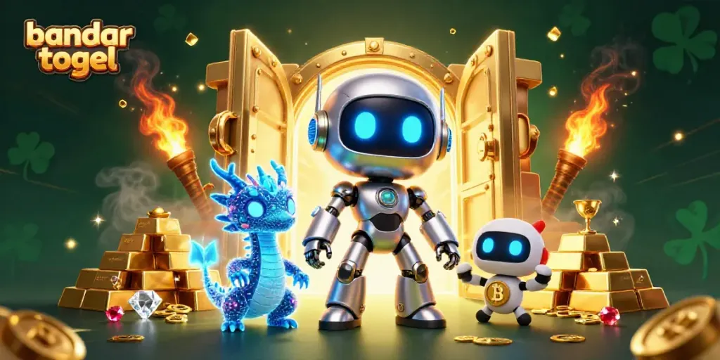 Judul bandar togel dengan ilustrasi robot cyberpunk dan harta karun emas yang mengesankan.