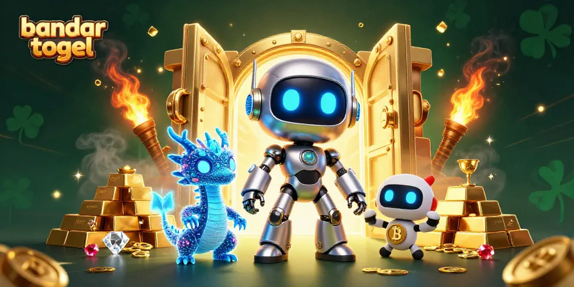 Judul bandar togel dengan ilustrasi robot cyberpunk dan harta karun emas yang mengesankan.