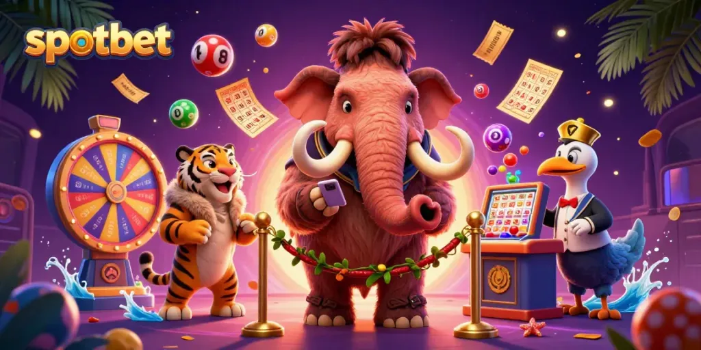 Menangkan permainan di spotbet dengan ilustrasi kasino yang penuh warna dan karakter menarik.
