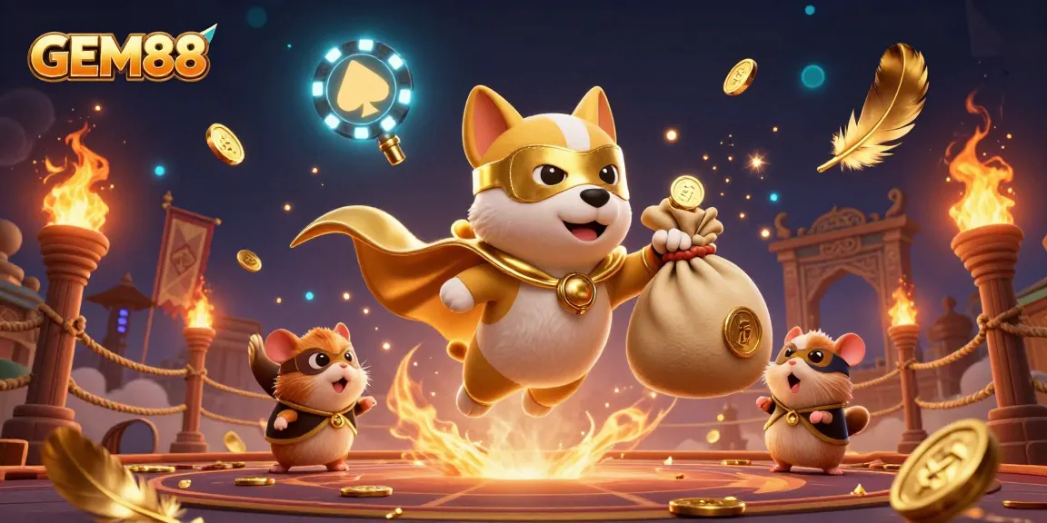 GEM88 presents an exciting casino scene with a superhero dog and hamster amidst vibrant gaming elements.