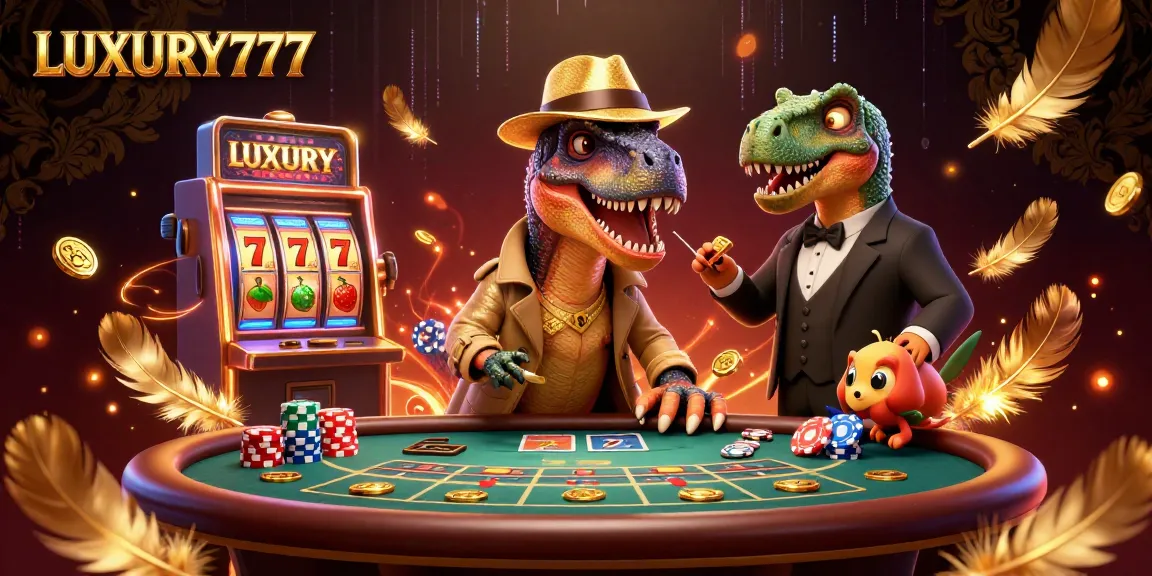Gambarkan aksi di meja blackjack di LUXURY777 dengan velociraptor dan stegosaurus sebagai dealer berinteraksi.