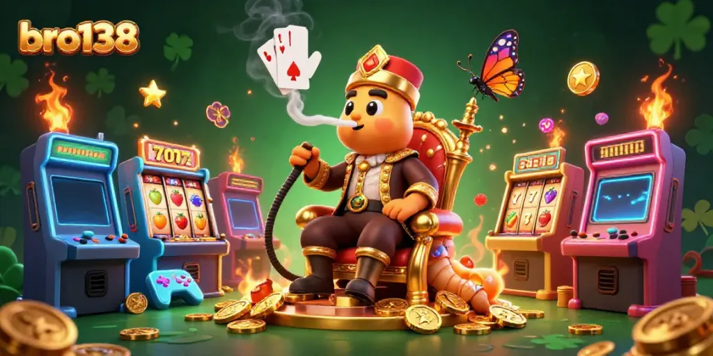 Experience winning spins at bro138 in a vibrant casino-themed 3D art scene with colorful slot machines.
