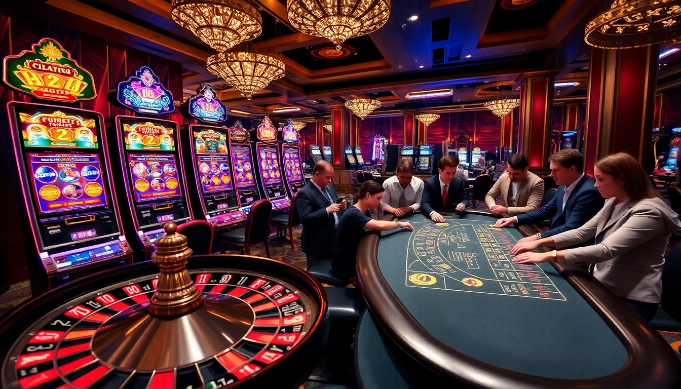 Players enjoying the thrilling OLYMPUS88 slot machines in a vibrant casino atmosphere.