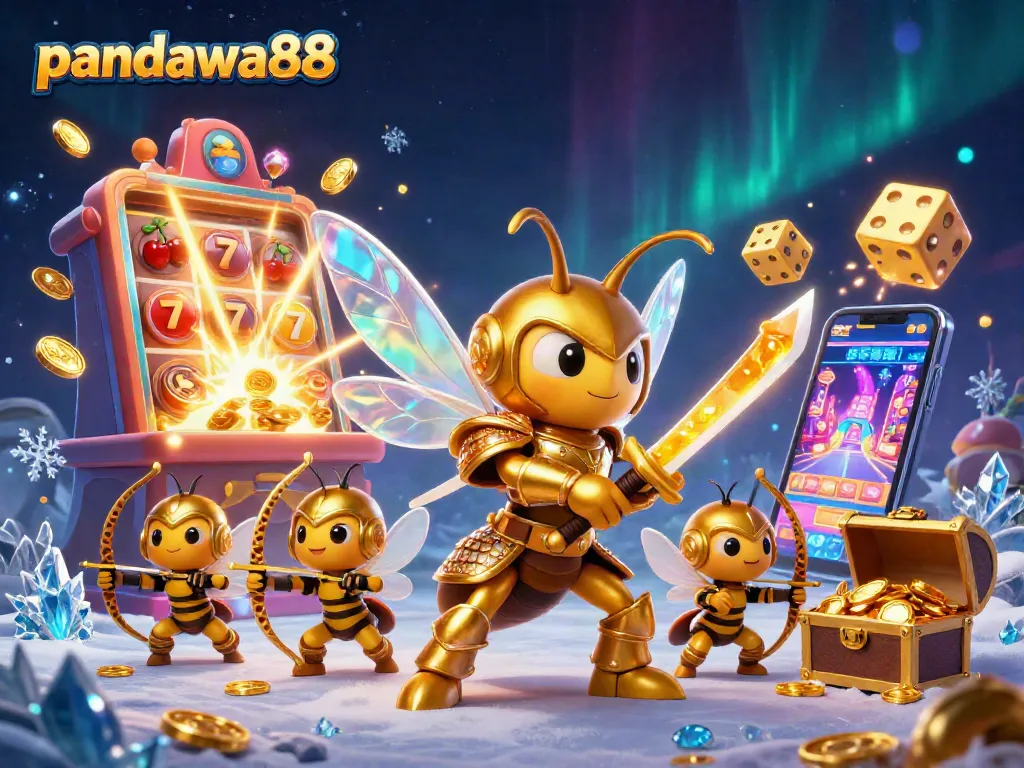 Pandawa88 menampilkan hornet raksasa dalam armor samurai di kasino digital yang ceria.