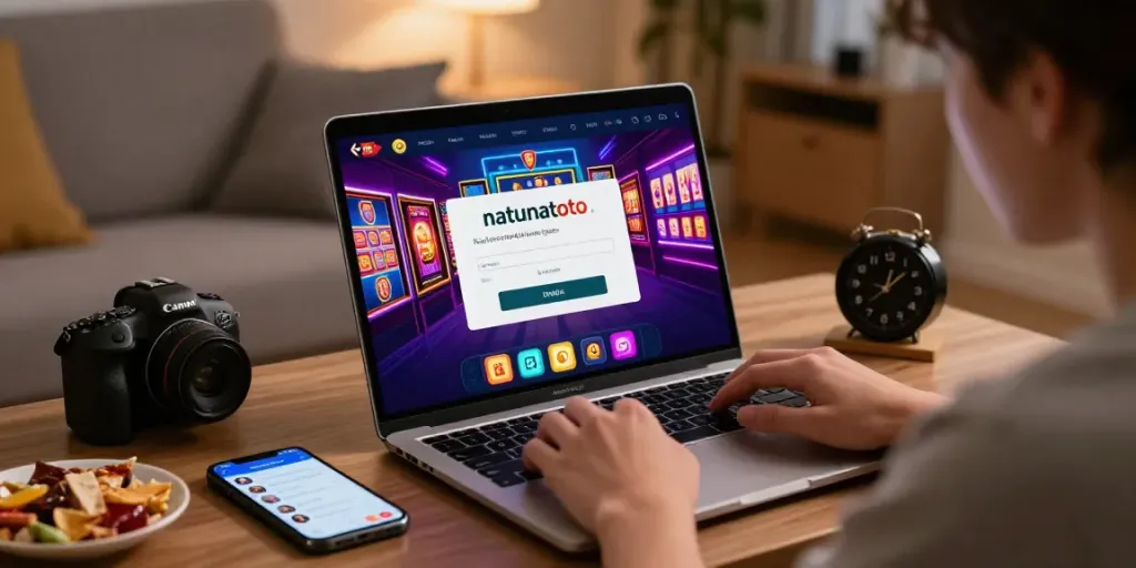 Pengguna muda melakukan natunatoto login pada antarmuka platform gaming modern di laptop, suasana santai dan nyaman.