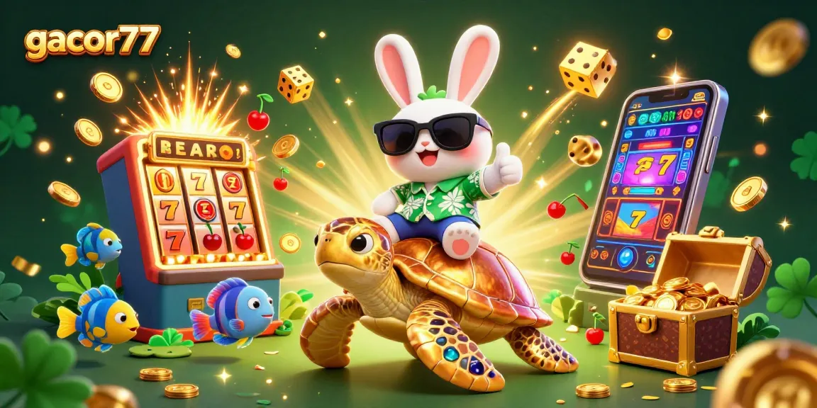 Gacor77 merayakan kemenangan jackpot dalam ilustrasi kasino yang ceria dengan karakter kartun.