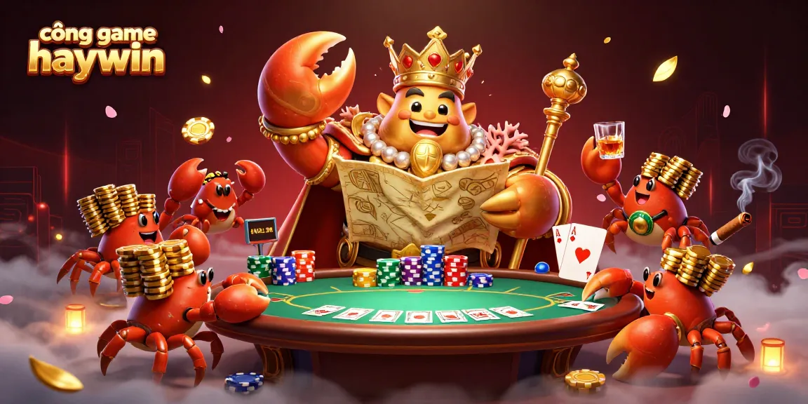Experience excitement at cổng game haywin with a majestic golden crab emperor ruling a vibrant casino scene.