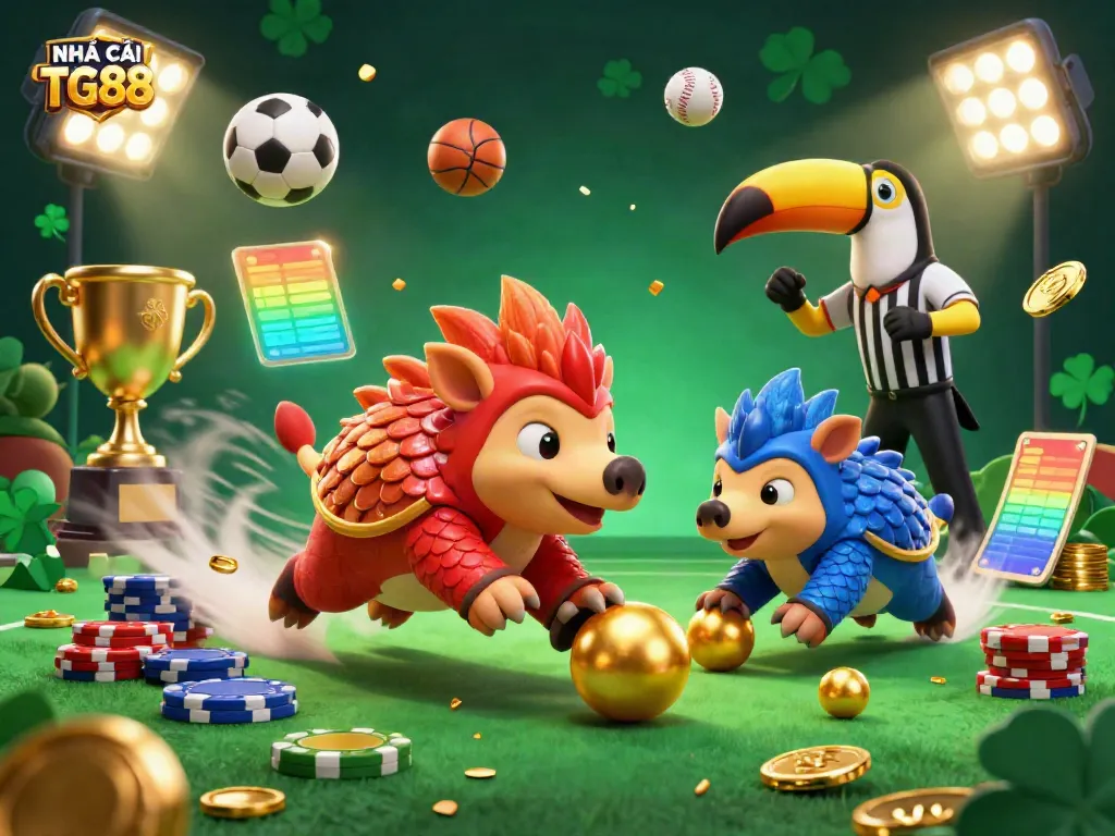 Experience the excitement of NHÀ CÁI TG88 with a dynamic game of rival pangolins knocking over poker chips.