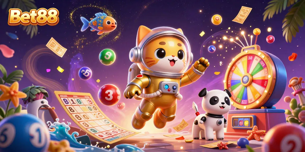 Experience the thrill of Bet88 with an astronaut cat and robot dog in a vibrant gambling scene.