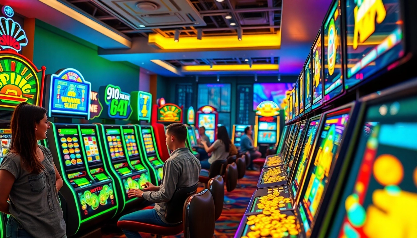 Asupantoto gaming scene with excited players at colorful slot machines