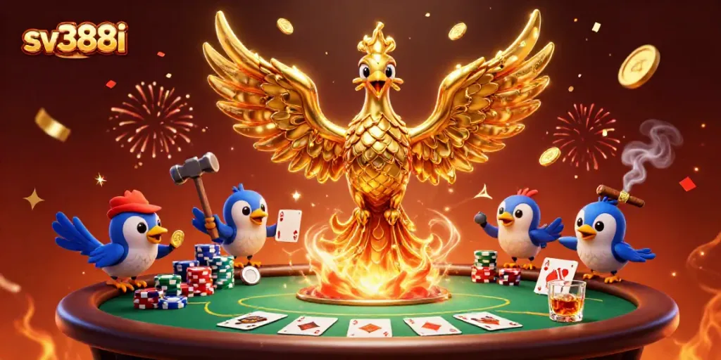 Engage with sv388i's dynamic 3D casino scene featuring golden phoenix and poker elements.