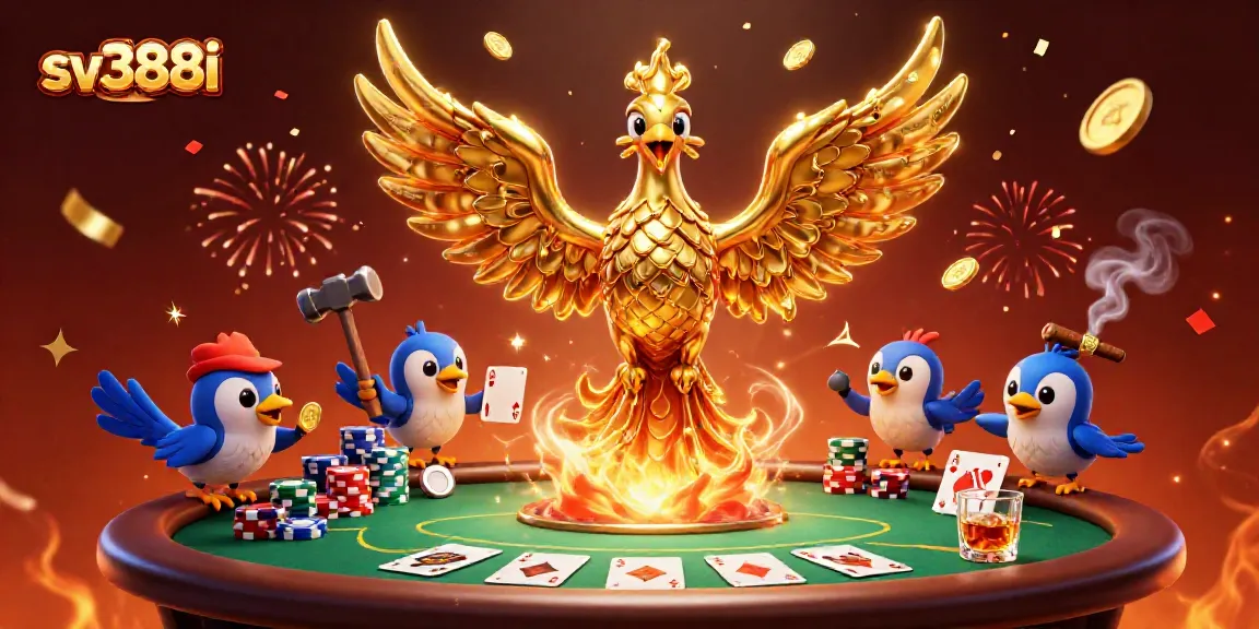 Engage with sv388i's dynamic 3D casino scene featuring golden phoenix and poker elements.