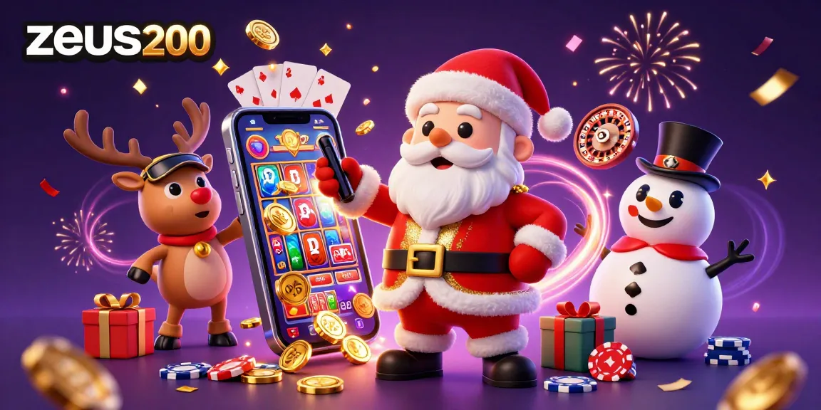 zeus200 menampilkan Santa Claus dan rekan-rekannya di kasino, menghidupkan suasana jackpot.