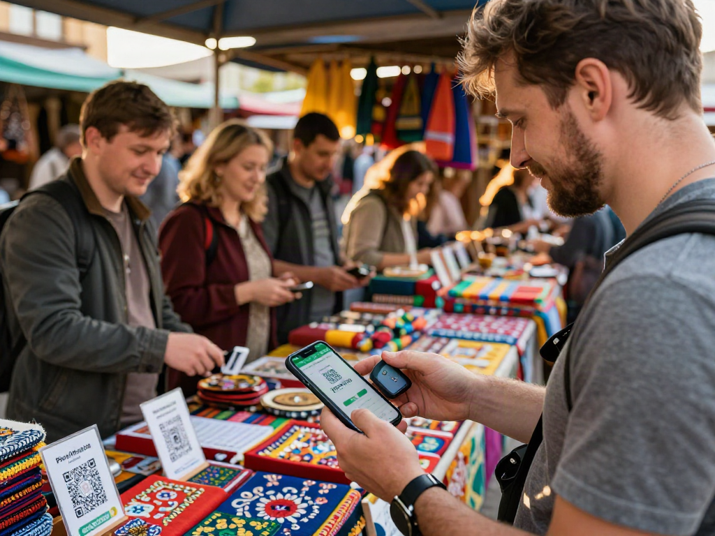 Pengalaman pembayaran mudah dengan menggunakan aplikasi https://payinrussia.com/ di pasar yang ramai di Rusia.