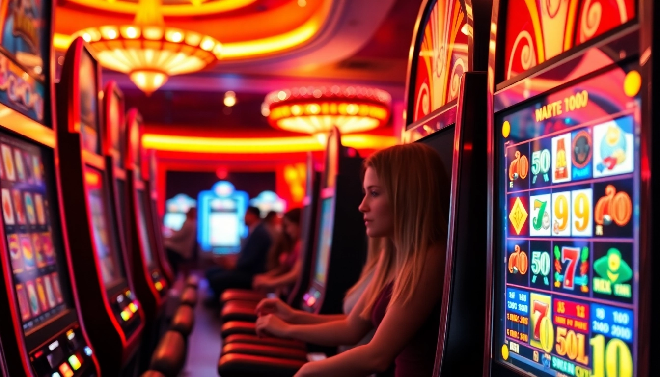 Slot machine menarik perhatian pemain di kasino mewah yang cerah.