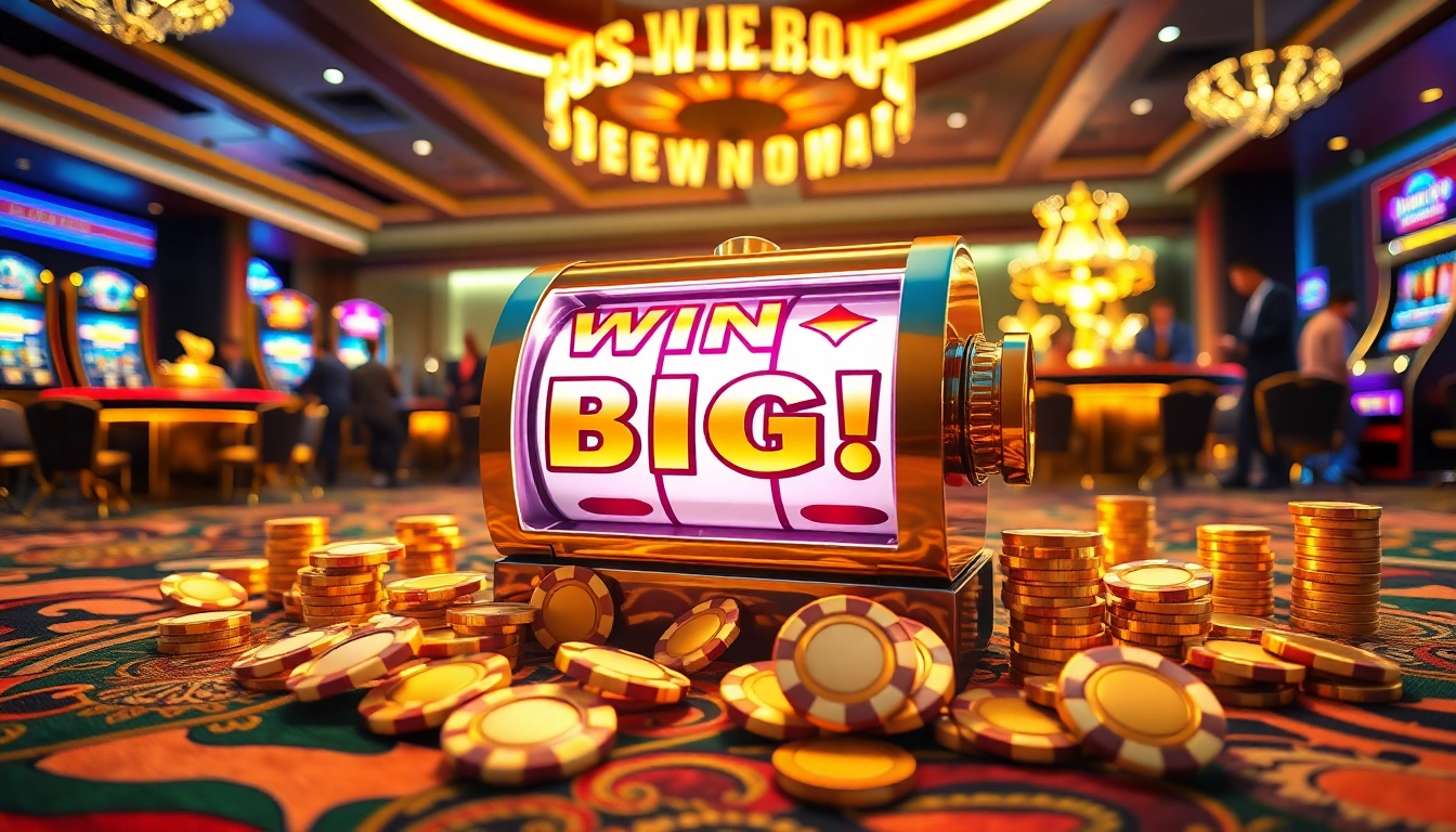 Players celebrating a slot bonus victory amidst glamorous casino decor and lively slot machines.