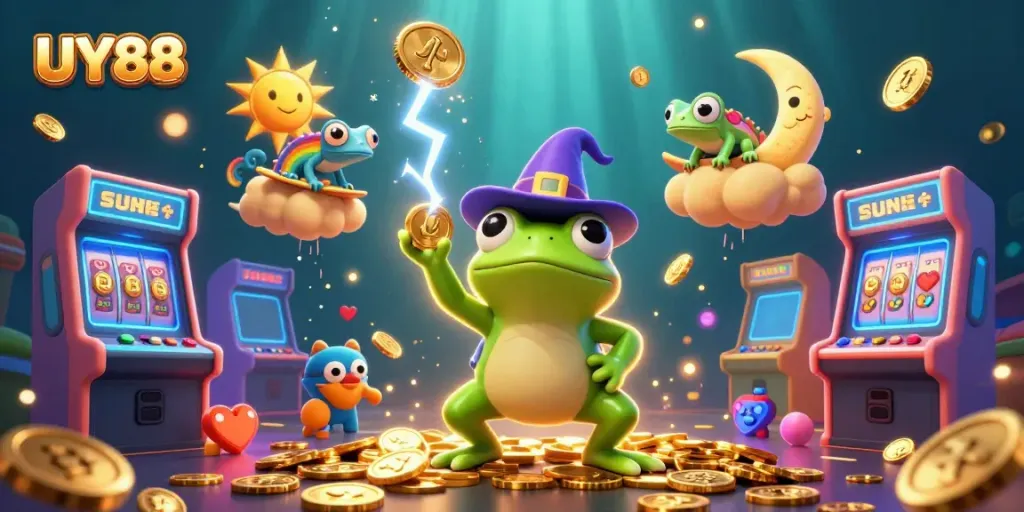 Experience the thrill of UY88 with playful characters amidst a storm of golden coins