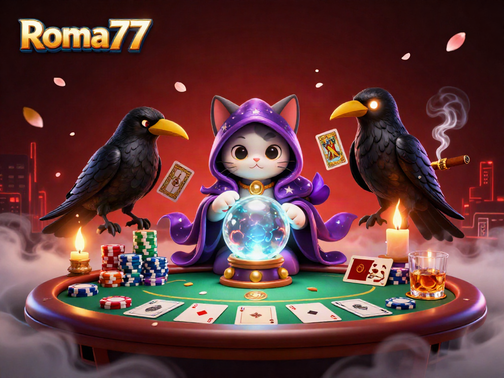 Engage with Roma77's thrilling online games illustrated in a mystical casino atmosphere.