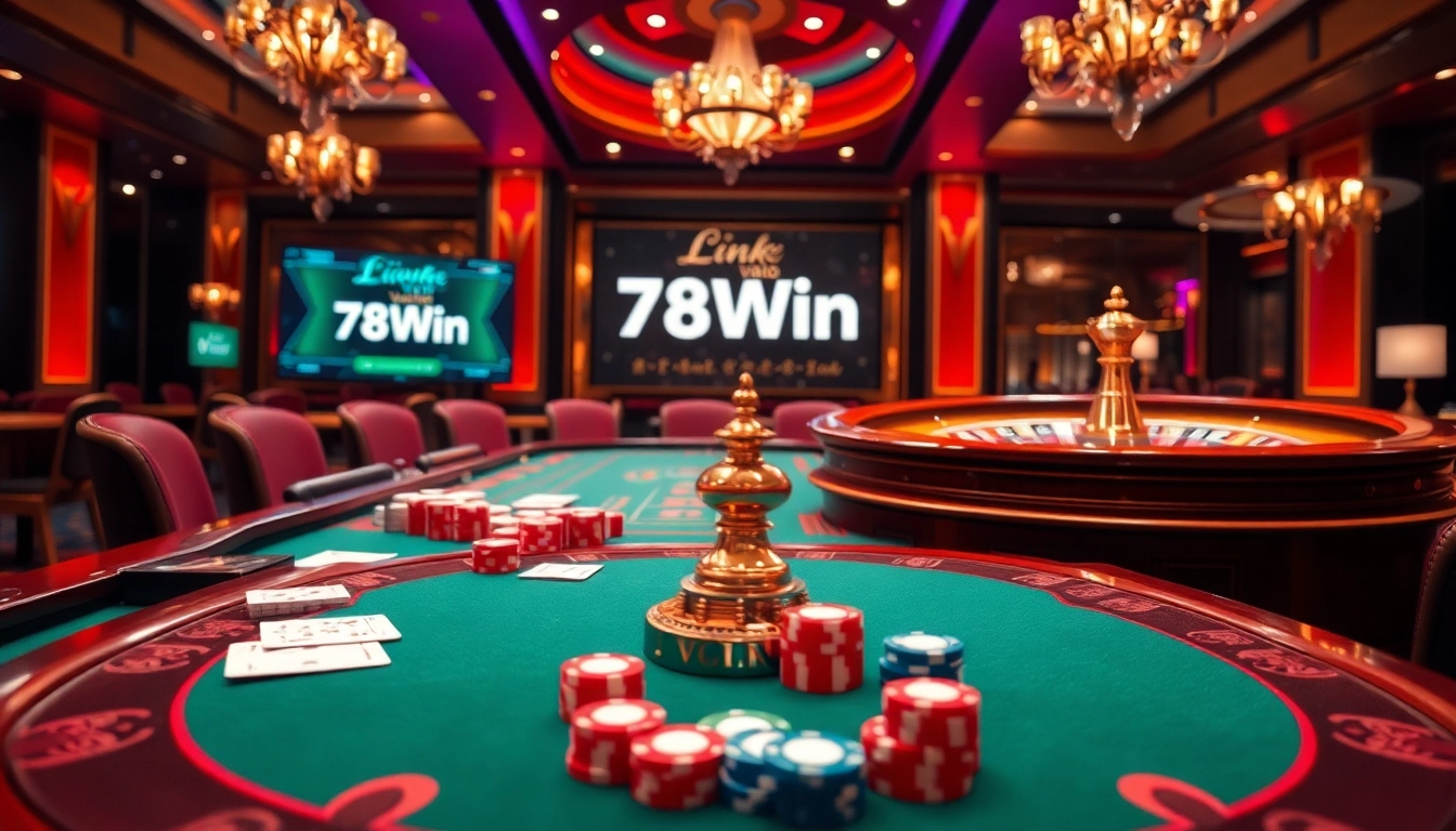 Link vào 78Win site showing an engaging roulette table in a glamorous casino atmosphere.