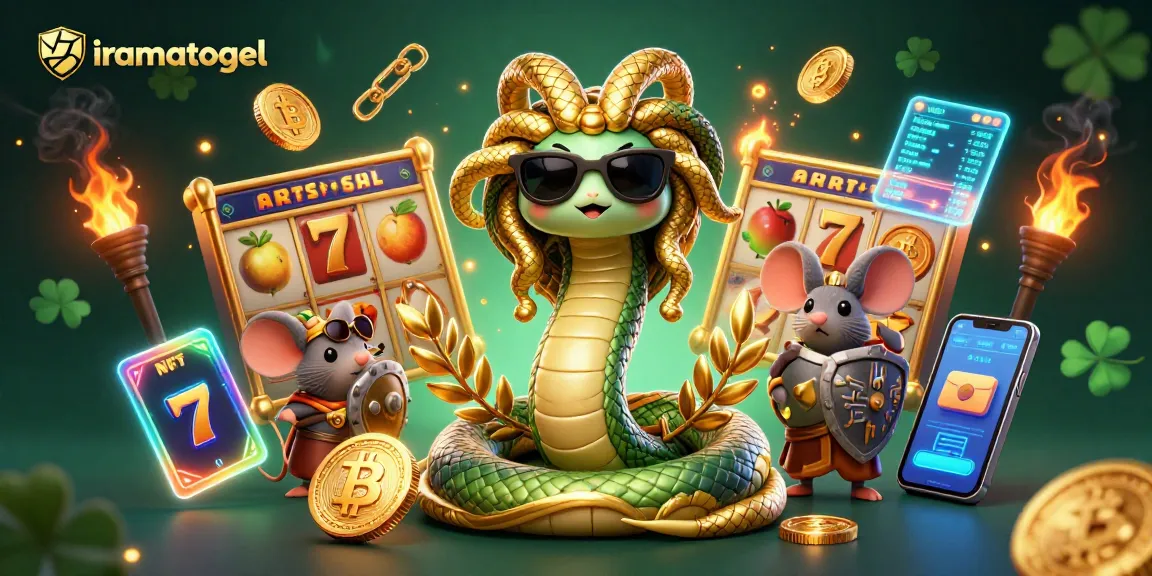 Memenangkan jackpot di iramatogel dengan simbol slot yang berkilau dan karakter 3D yang menarik.
