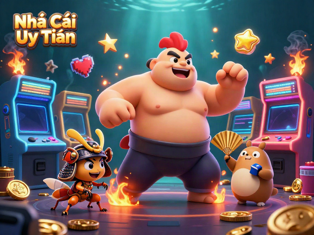 Engage with "Nhà Cái Uy Tín" through a vibrant 3D casino scene featuring exciting game elements and characters.
