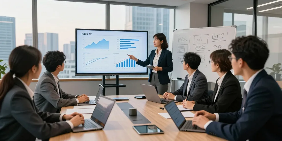 Tim profesional mendiskusikan strategi kinerja IMBAJP dalam rapat kolaboratif di kantor modern.