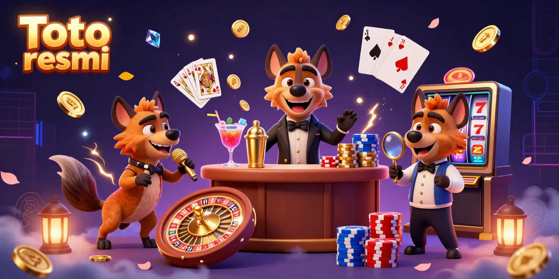 Hyenas running a comedy casino club as a bartender, comedian, and bouncer in a dazzling Toto resmi scene of excitement and fun.
