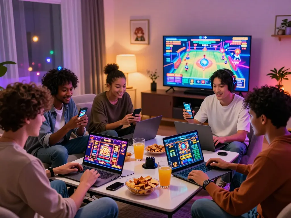 Teman-teman menikmati permainan slot online VIRUS88 bersama di ruang tamu yang nyaman.