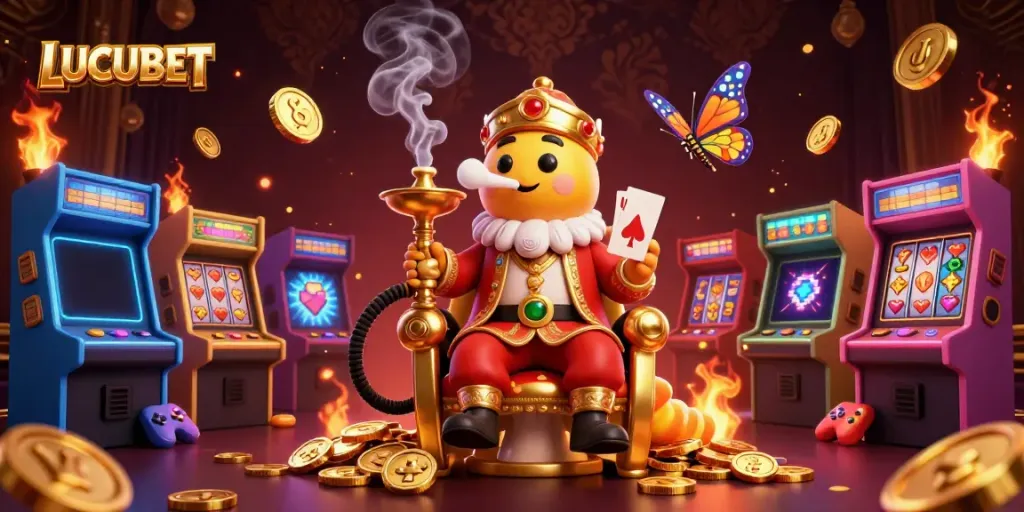 LUCUBET showcases a vibrant casino world with a unique caterpillar character and lively slot themes.