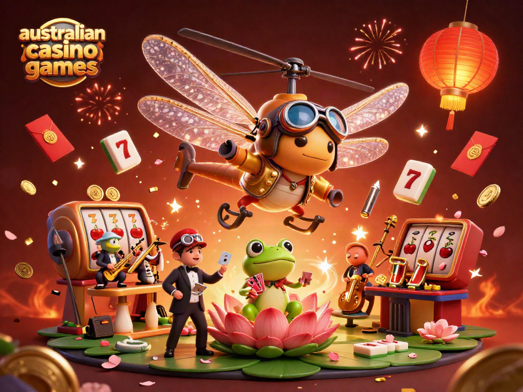 Experience exciting australian casino games with a dragonfly pilot, frog dealer, and jazz-playing crickets in a vibrant casino.