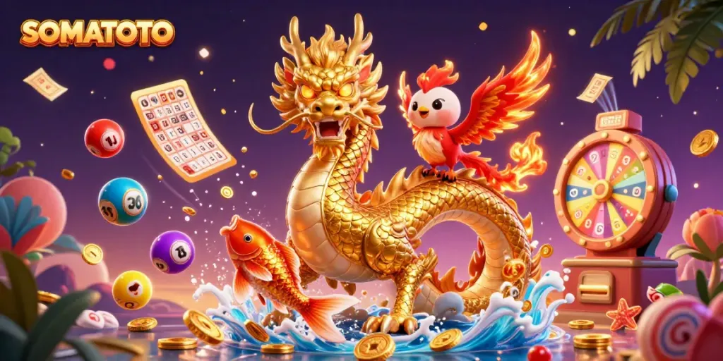 Experience thrilling gameplay with SOMATOTO's vibrant 3D casino scene full of colorful lottery elements.