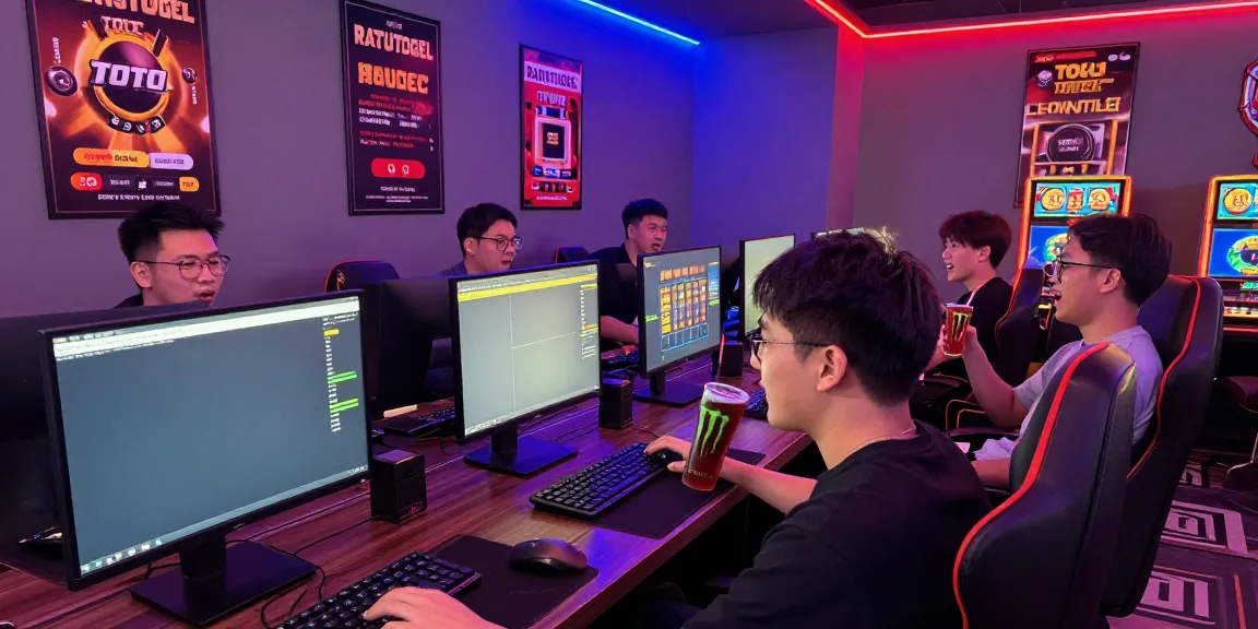 Ratutogel login menunjukkan pemain di kafe game online, terlibat dalam permainan toto togel dan slot yang seru.