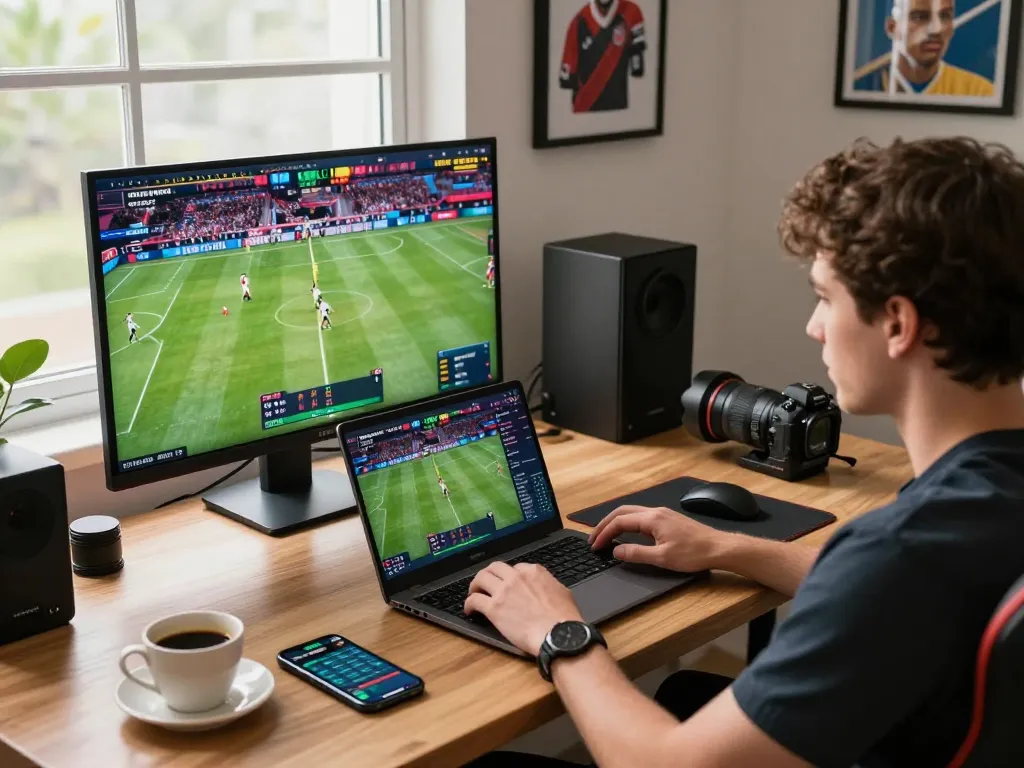 Engaging in sports betting with uu88 on laptop, vibrant atmosphere, focused gameplay.