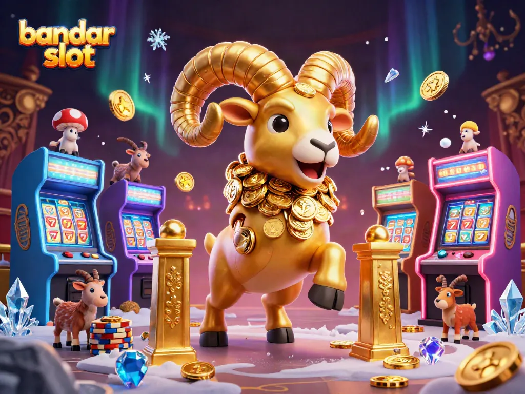 Gambarlah bandar slot yang menampilkan domba emas besar di gerbang sambil membawa simbol slot dan koin.