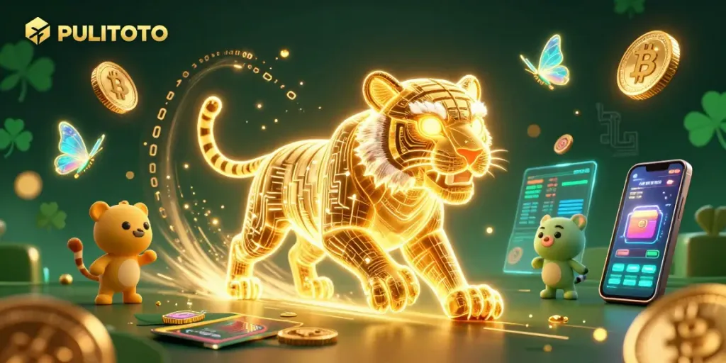 PULITOTO illuminates a vibrant digital casino landscape, showcasing winning elements like Bitcoin coins and holographic displays.