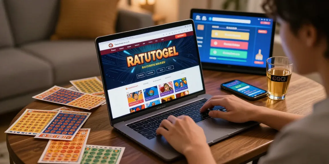Ratutogel login di laptop dengan tiket lotere dan pilihan taruhan di sekitar.