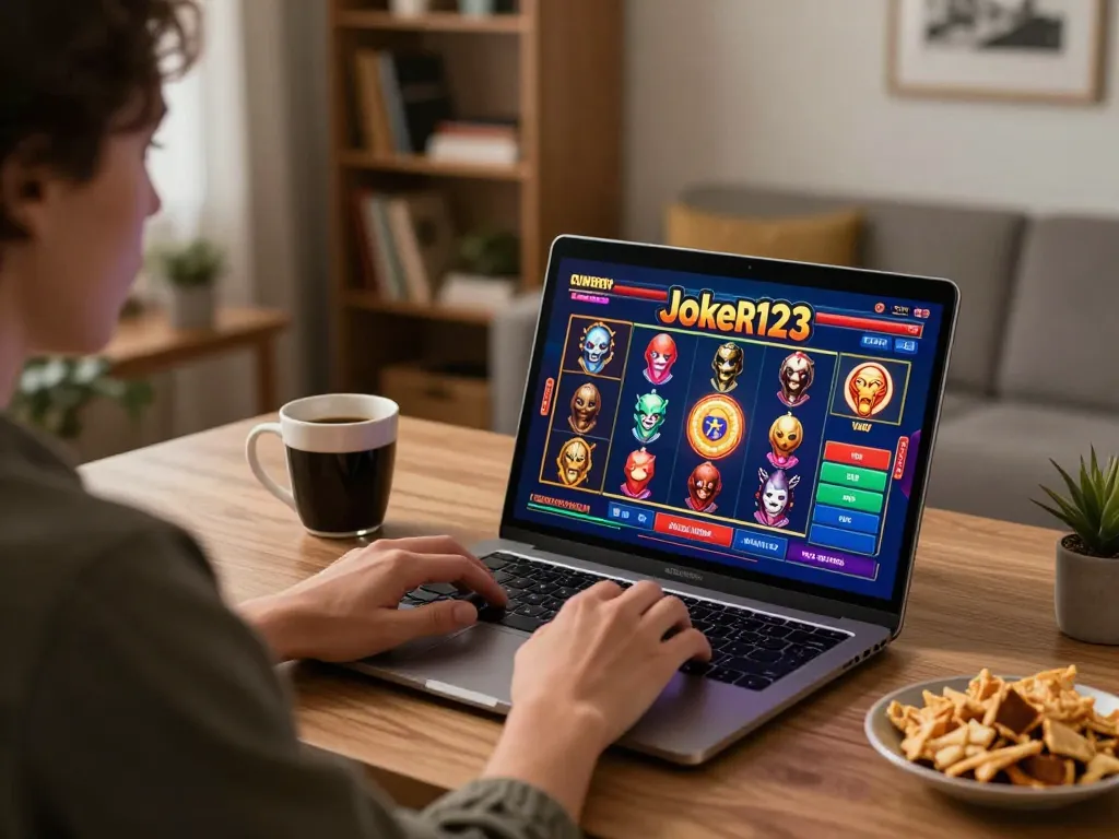 Player engaging with Joker123 online gaming at home using a laptop, showcasing responsible gambling with jamsosindonesia.
