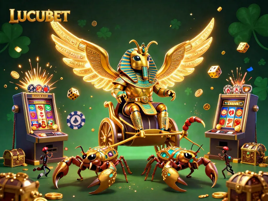 Experience LUCUBET's gaming adventure as a golden scarab beetle leads a jackpot explosion in this vibrant illustration.