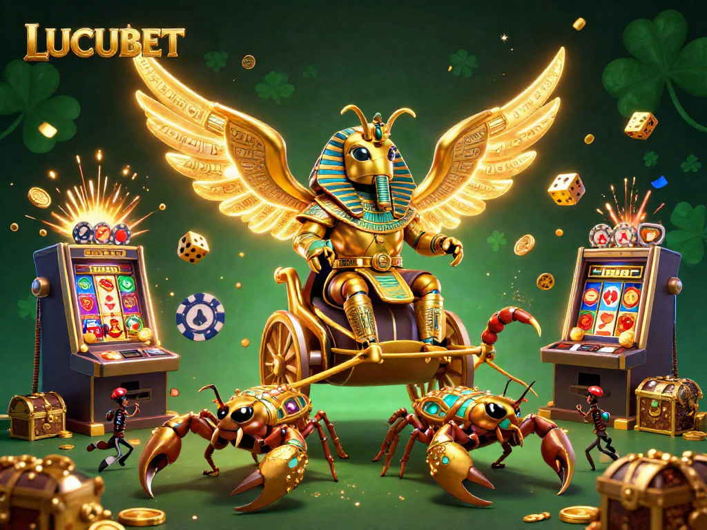 Experience LUCUBET's gaming adventure as a golden scarab beetle leads a jackpot explosion in this vibrant illustration.
