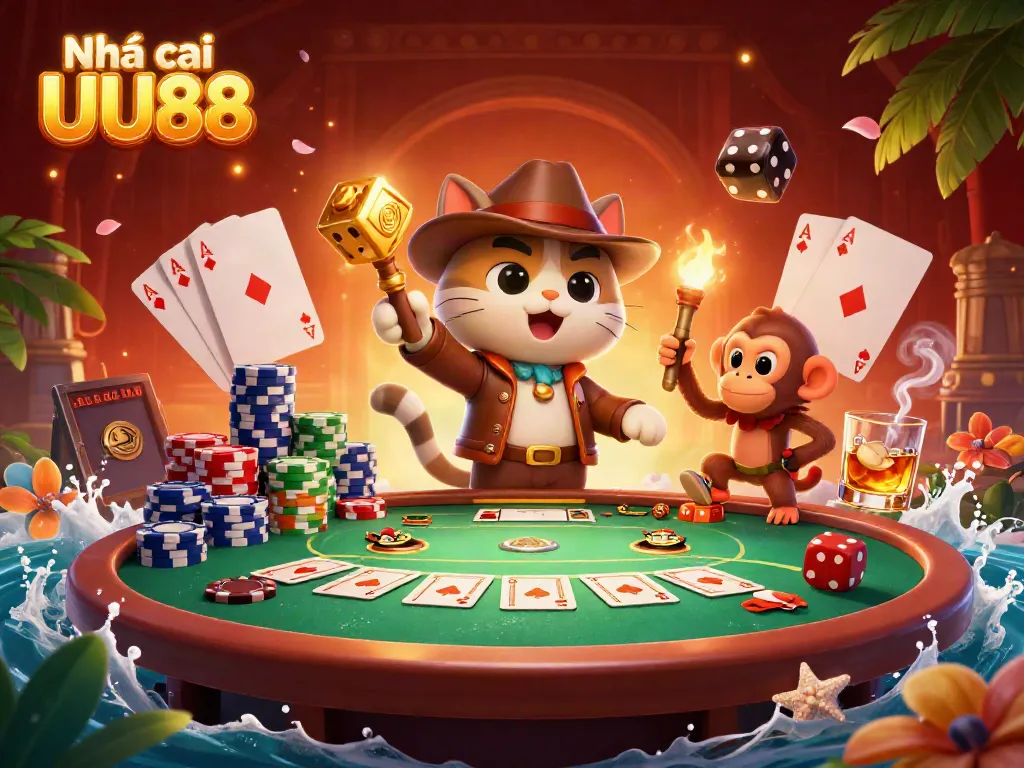 Experience the thrill with Nhà cái UU88 as an explorer cat uncovers ancient casino treasures in this vibrant scene.