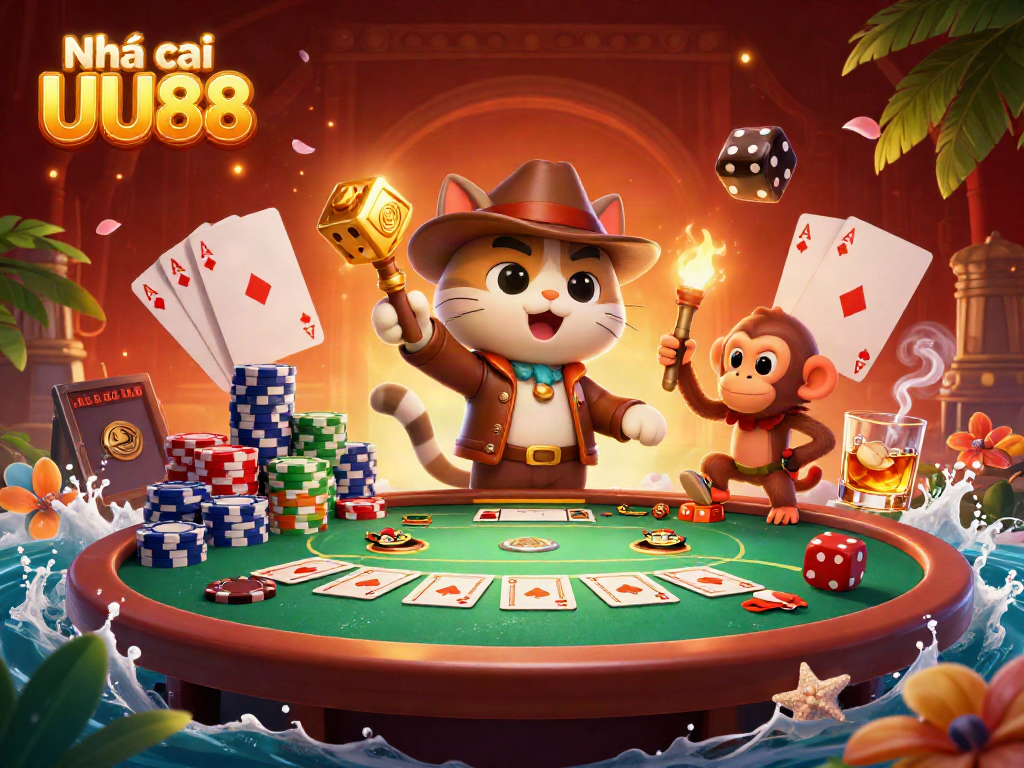 Experience the thrill with Nhà cái UU88 as an explorer cat uncovers ancient casino treasures in this vibrant scene.