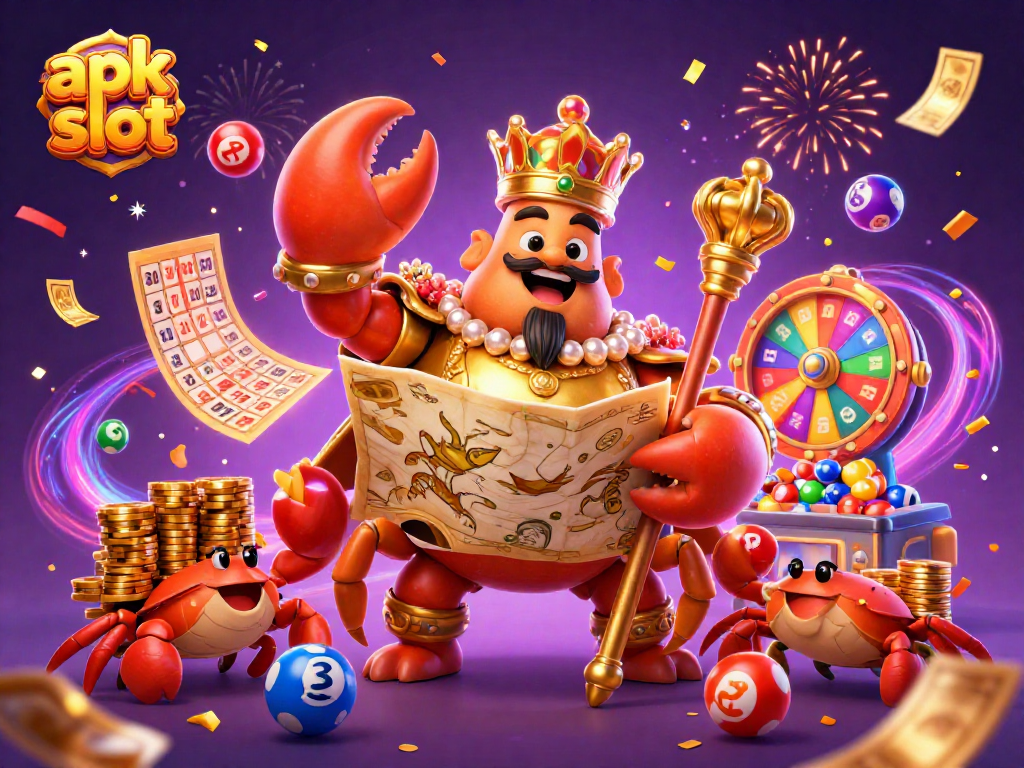 Permainan apk slot menarik dengan karakter kepiting emas dan elemen kasino menawan.