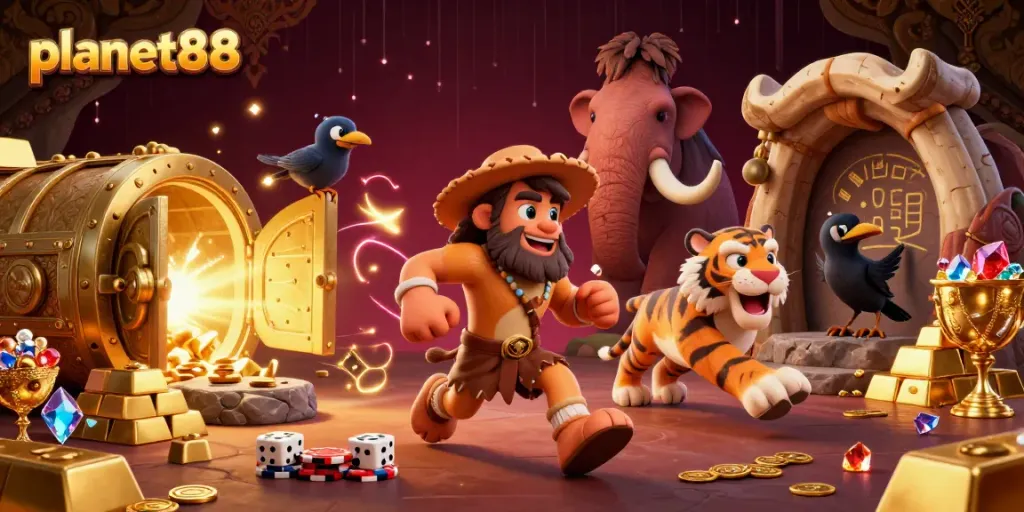 Experience the thrilling atmosphere of planet88 with a playful caveman and tiger duo running a unique prehistoric casino.