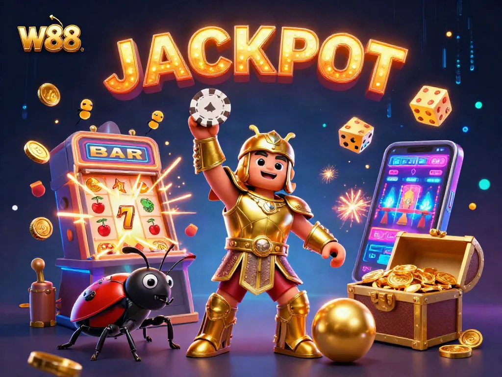 W88 casino scene with a victorious hercules beetle celebrating a jackpot among dynamic gaming elements