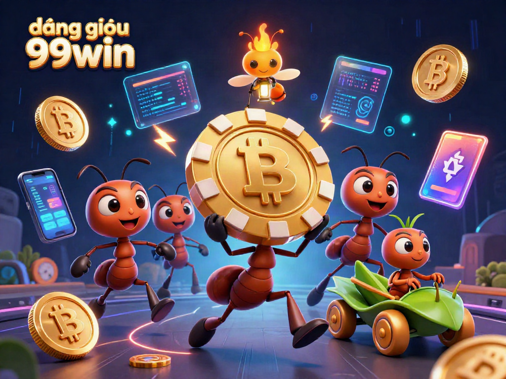 Engage with the exciting world of đăng nhập 99win, featuring a dynamic heist scene with ants and crypto themes.