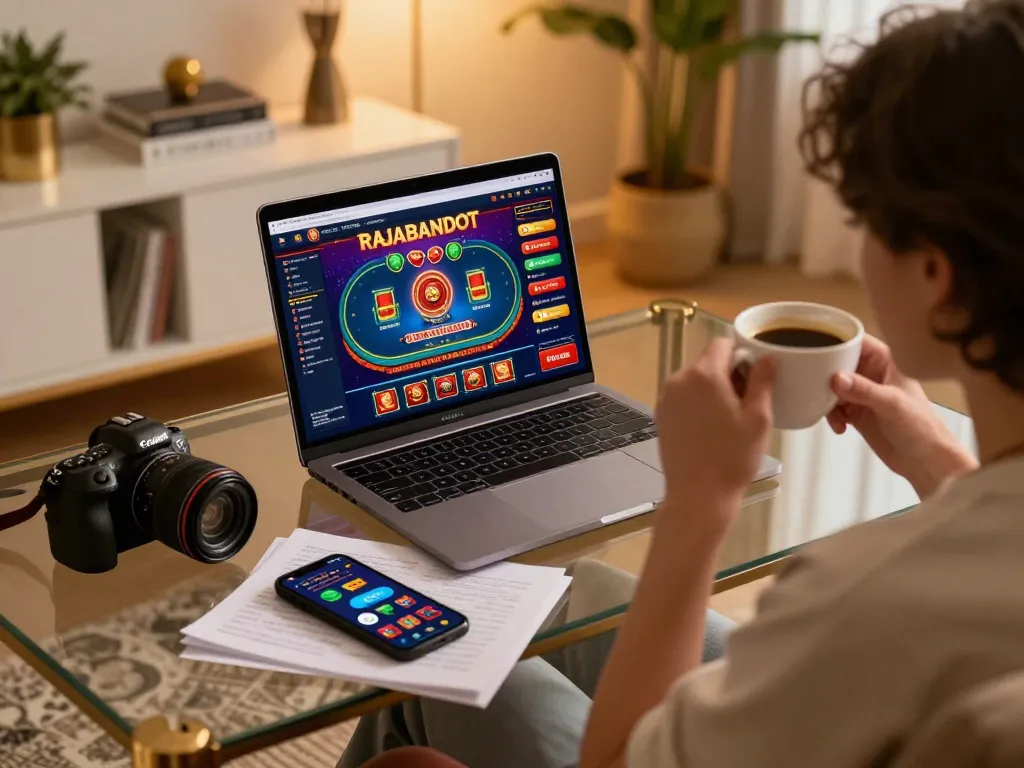 Engaging moment playing rajabandot macau on laptop, showcasing detailed gaming interface and cozy environment.