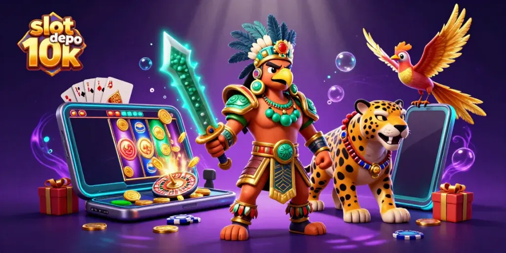 Slot depo 10k dengan ilustrasi pejuang Aztec dan slot game menarik, menampilkan elemen kasino.