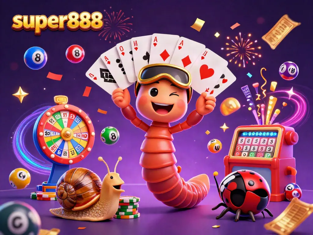 Meraih keberuntungan dengan super888, dealer berkartun dan simbol slot berwarna.