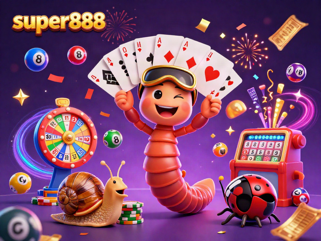 Meraih keberuntungan dengan super888, dealer berkartun dan simbol slot berwarna.